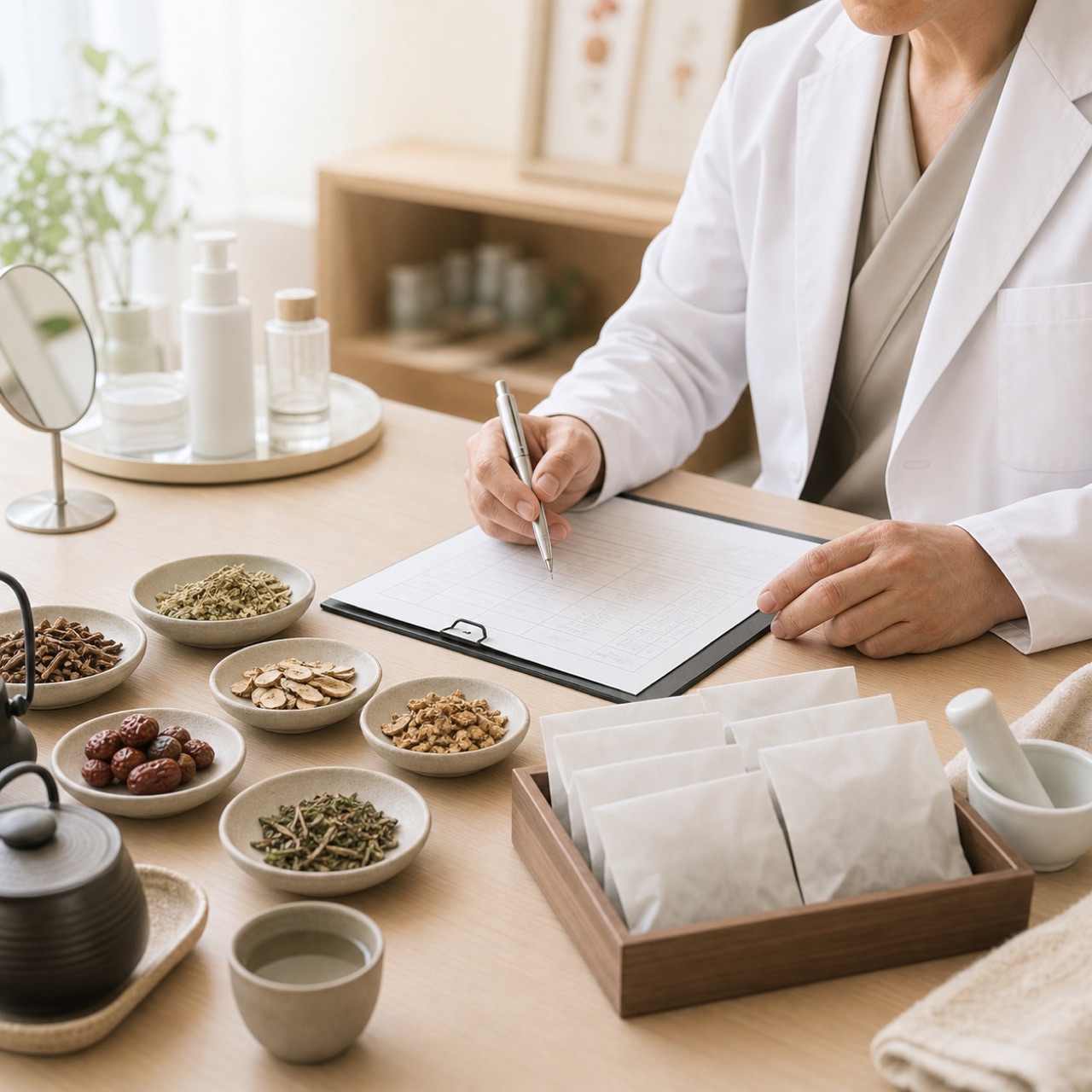 漢方薬の処方と生薬を医師が確認する説明イメージ