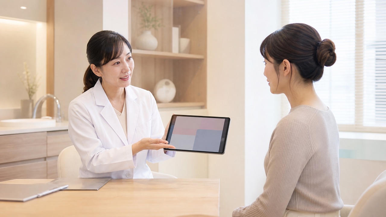 皮膚科医が水流と吸引を用いる美容施術について患者に説明する様子