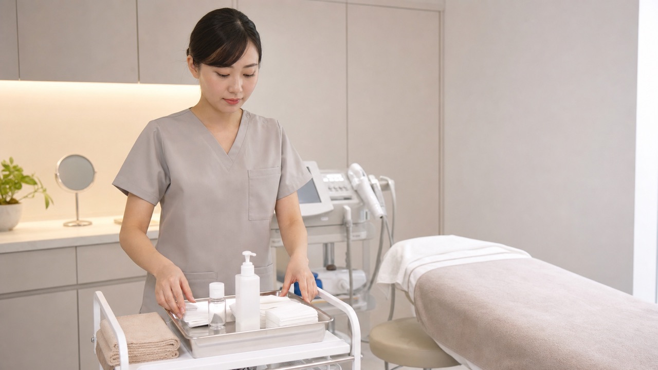 美容皮膚科の施術室でガーゼや保湿用品を準備するスタッフ