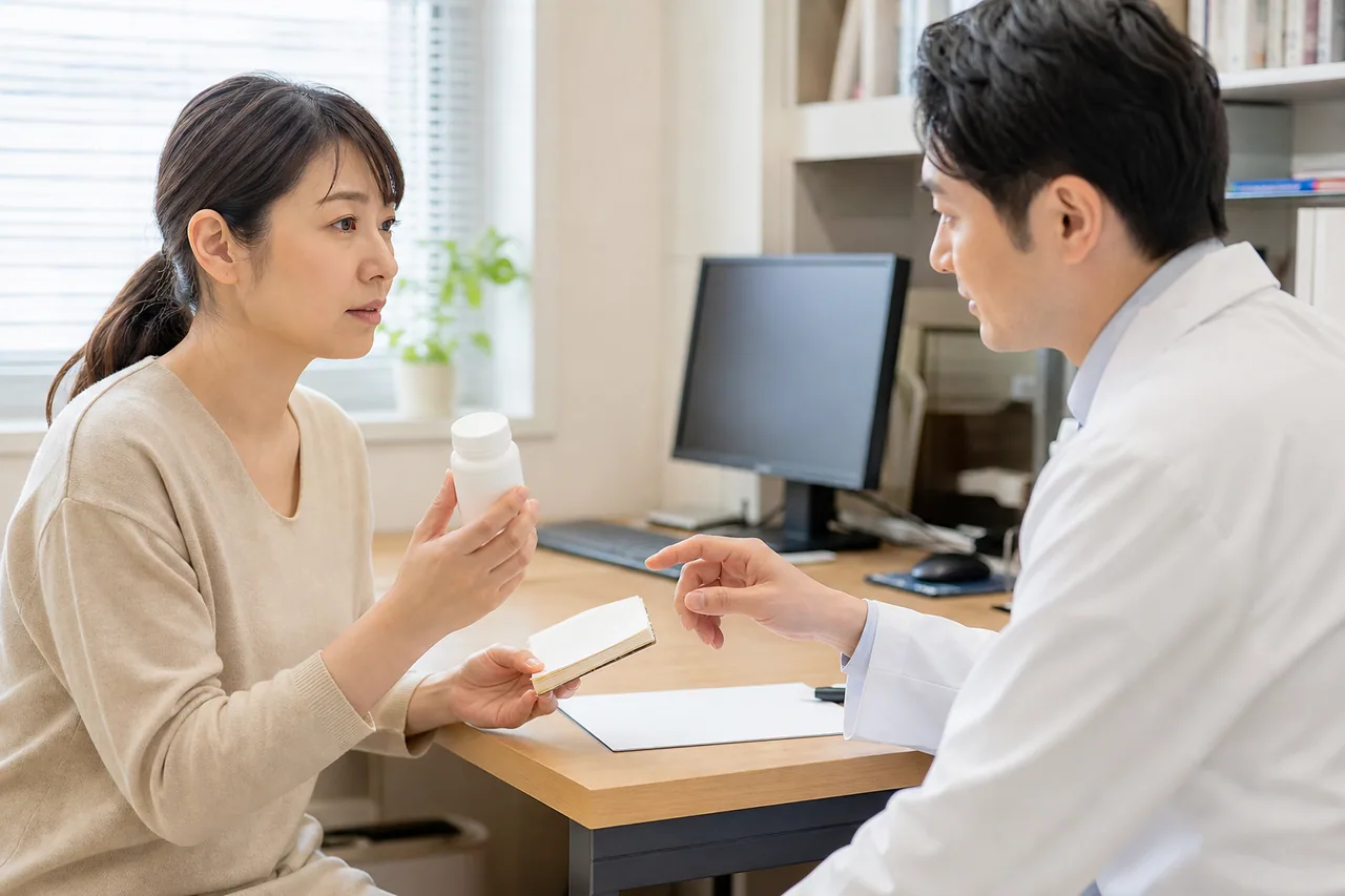 市販薬やサプリメントの重複を医師に確認する患者のイメージ