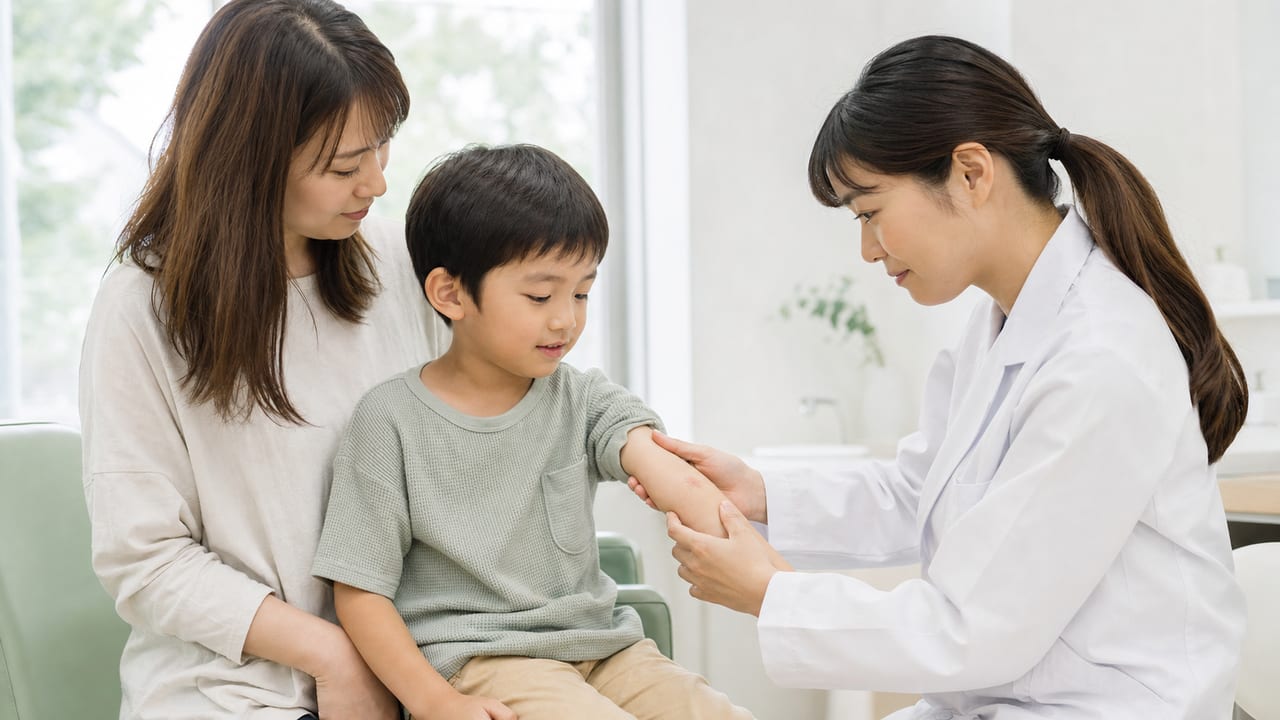 子どもの腕の水ぶくれとかさぶたを母親と皮膚科医が確認する診察場面