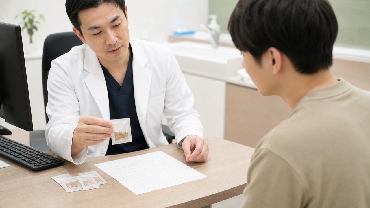 皮膚科医に漢方薬の飲み方や併用薬を相談するイメージ