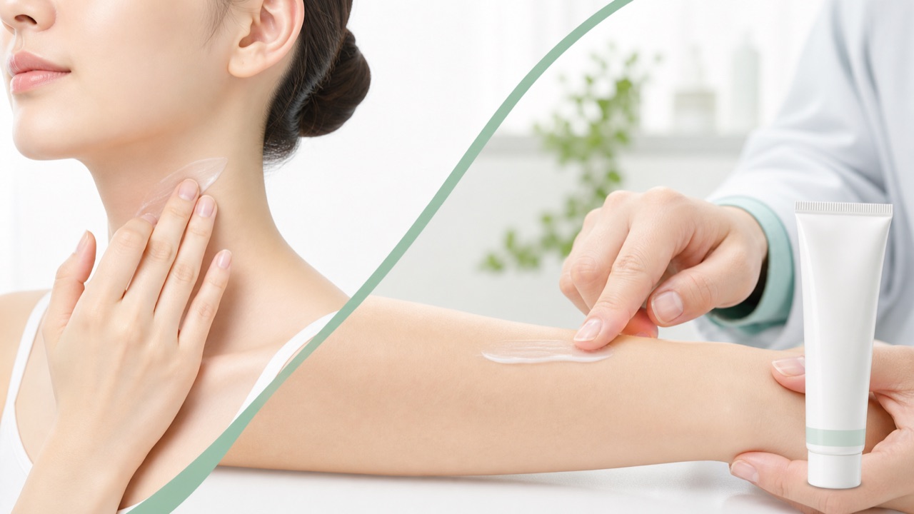 顔や首など皮膚が薄い部位へ外用薬を薄く塗るイメージ