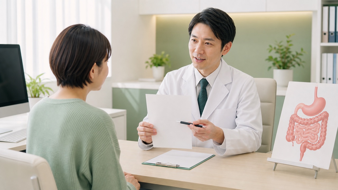 皮膚科医に整腸剤の飲み方や併用薬を相談するイメージ