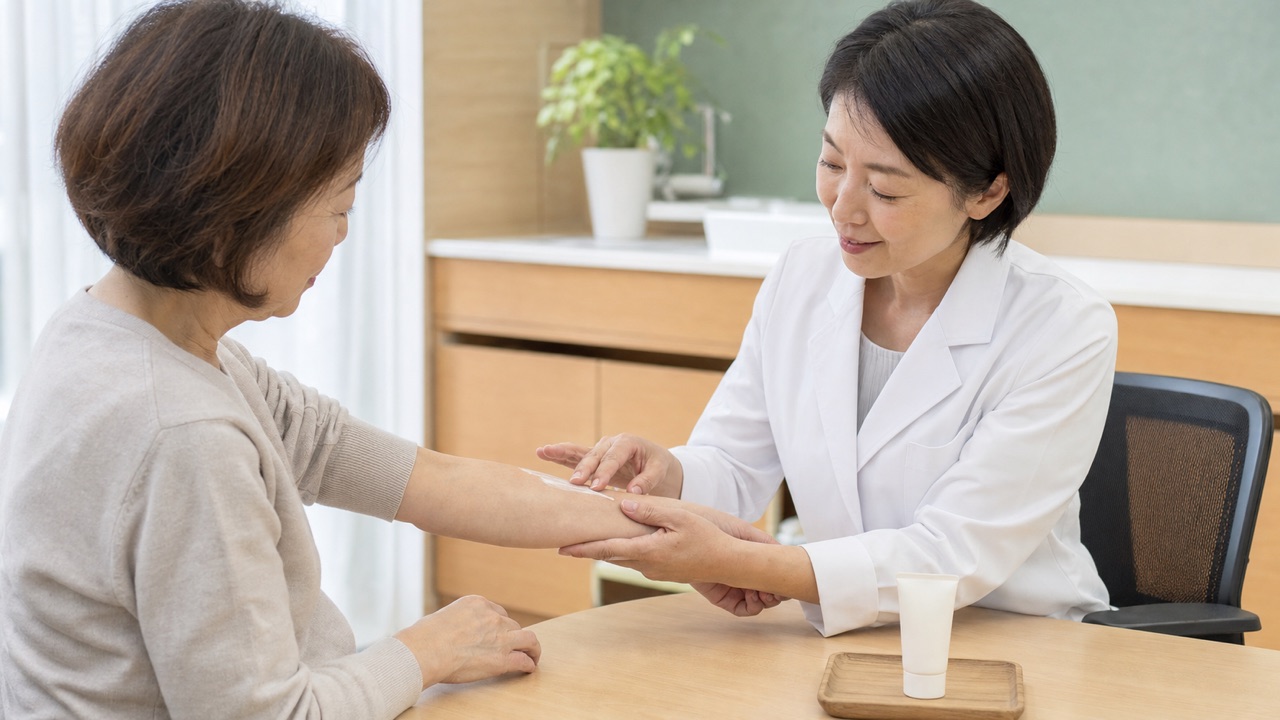皮膚科医が高齢の患者へ腕の保湿方法を説明する様子