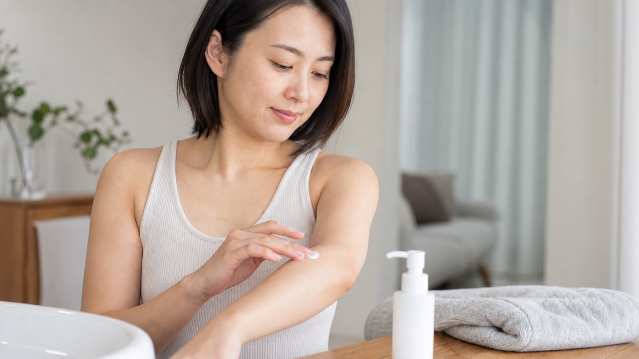 入浴後に腕へ保湿剤をやさしく塗る日常ケア