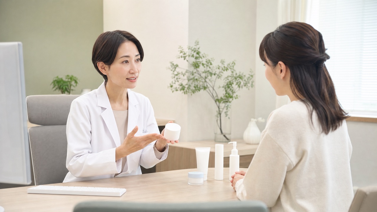 皮膚科医から保湿剤の剤形と選び方の説明を受ける患者
