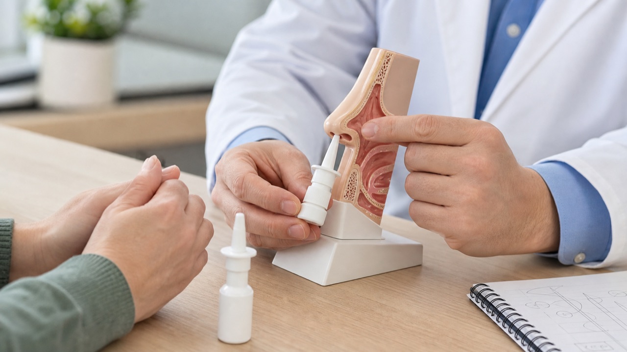 点鼻薬を鼻中隔へ向けないように噴霧方向を確認するイメージ