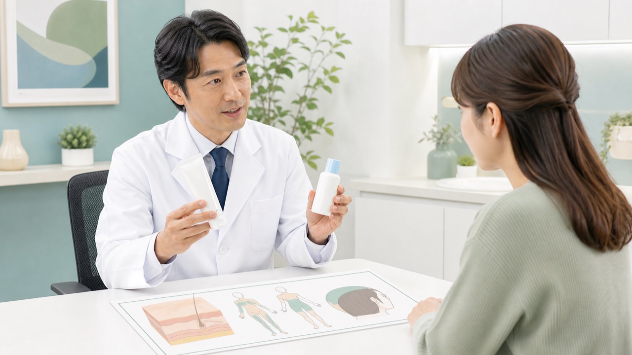 皮膚科医がクリームとローションの使い分けを説明するイメージ