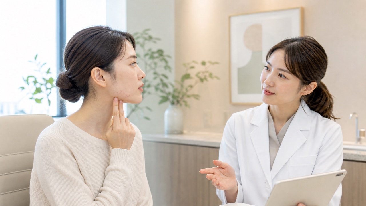 頬のニキビを指しながら皮膚科医へ相談する成人女性