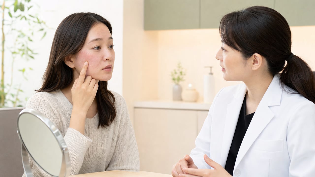 ピーリング後の頰の赤みや乾燥を皮膚科医へ相談する成人女性