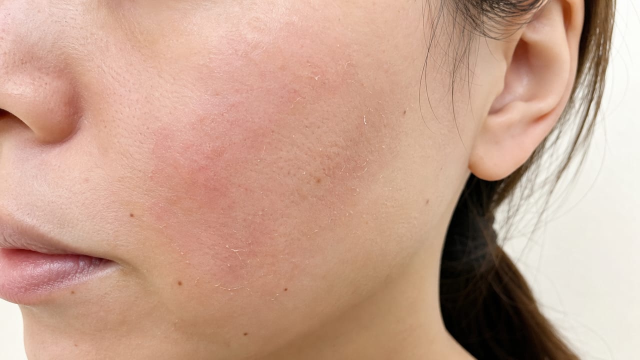 ピーリング後の頰に軽い赤みと乾燥、細かな皮むけがみられる症状イメージ