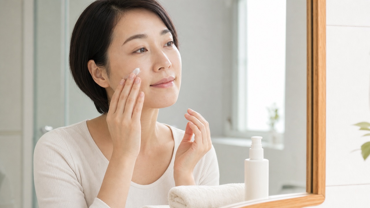 美容施術後のアフターケアとして頬をやさしく保湿する女性