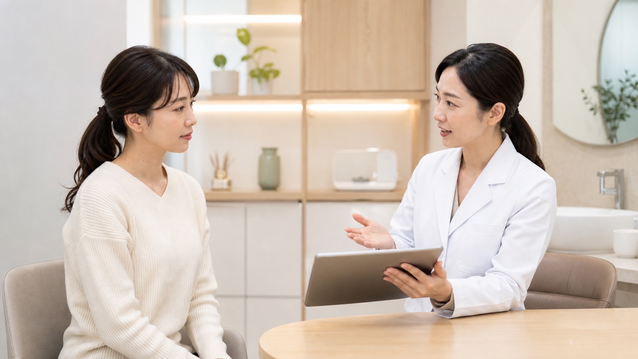 皮膚科医がプラズマシャワーを含む美容施術の選択肢を患者に説明する様子