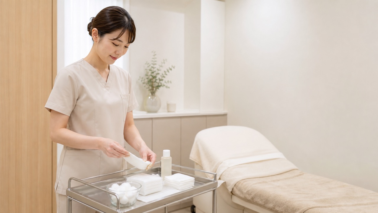 美容皮膚科の施術室でガーゼや保湿用品を準備するスタッフ