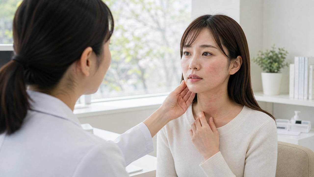 皮膚科医が成人女性の頬と首にみられる花粉飛散期の赤みを診察する様子