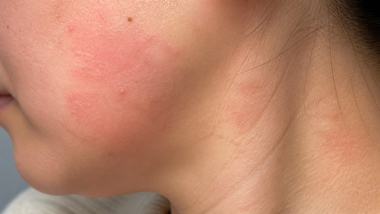 成人女性の頬と首にみられる軽い赤みと細かな皮むけの症状イメージ