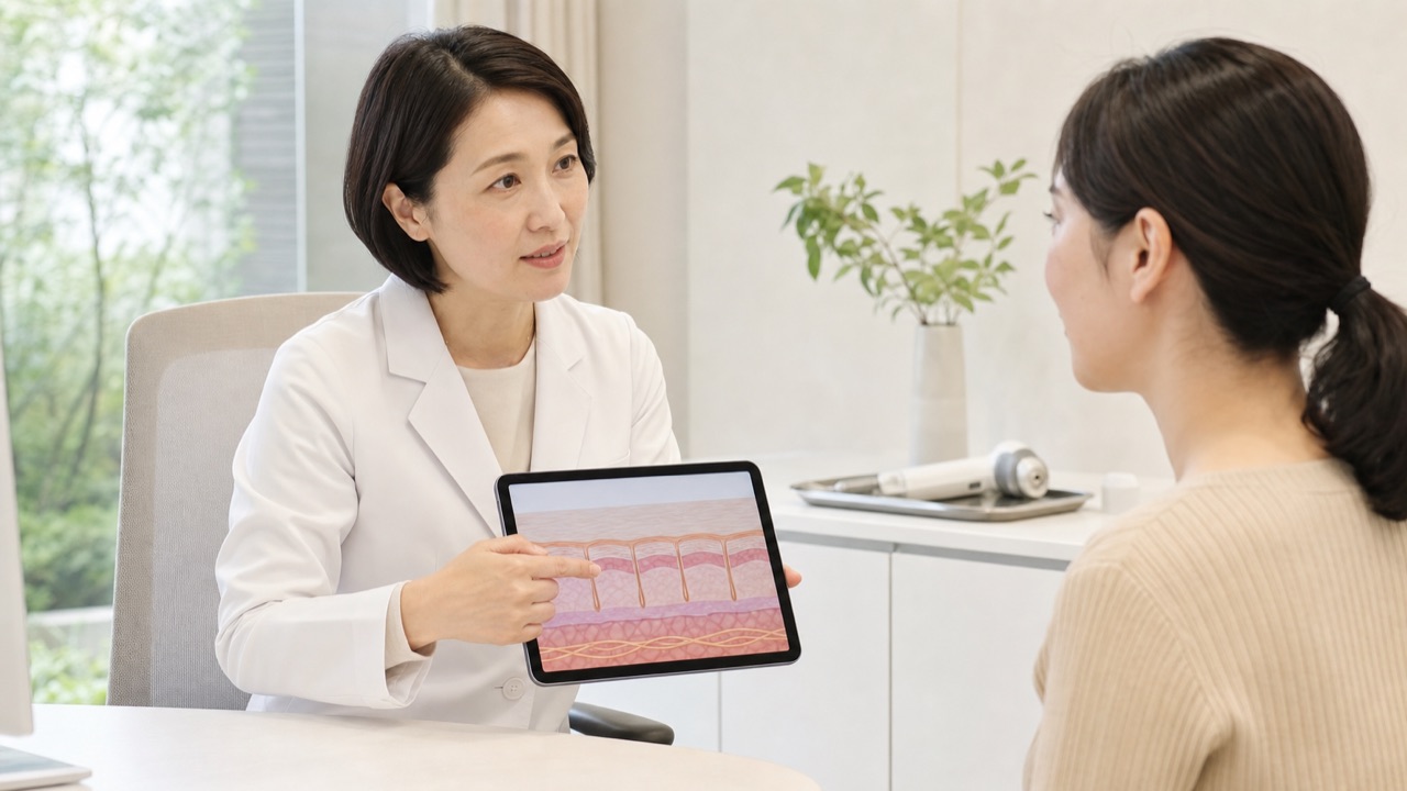 皮膚科医がポテンツァの仕組みと治療選択を患者へ説明する様子