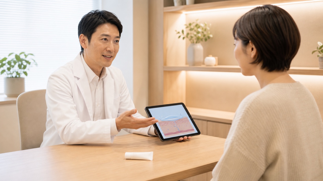 皮膚科医と保湿剤の使い方や症状の経過を相談するイメージ
