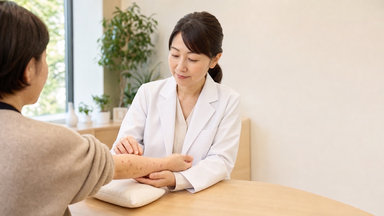 皮膚科医が成人患者の前腕にある痒疹の結節と掻き傷を確認する診察