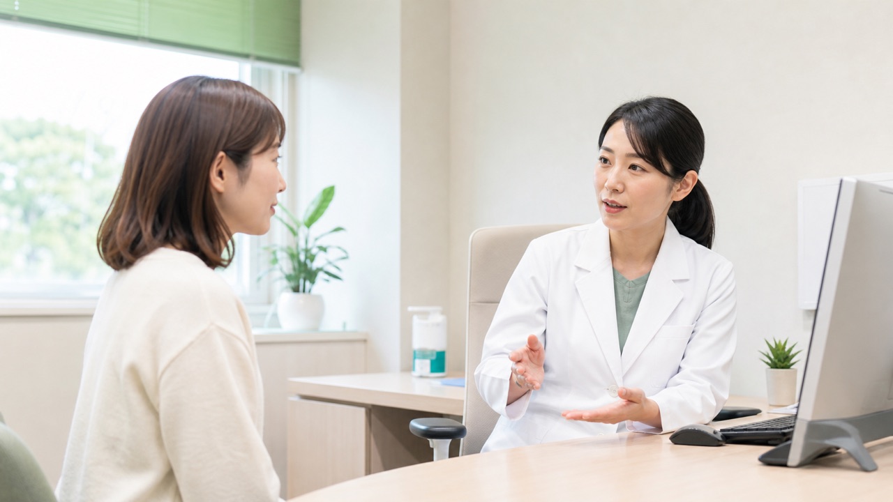 アトピー性皮膚炎の症状と治療計画を皮膚科医へ相談する患者のイメージ