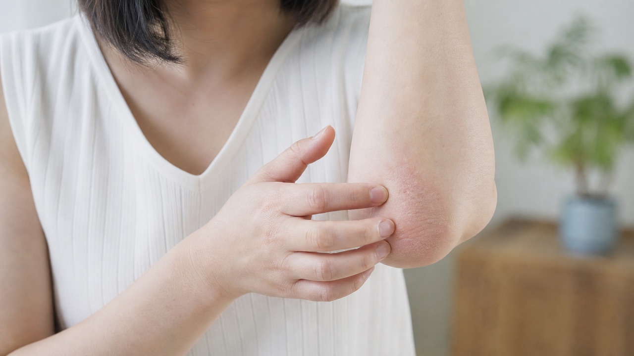 肘の内側に乾燥と軽い赤みがみられるアトピー性皮膚炎の症状イメージ