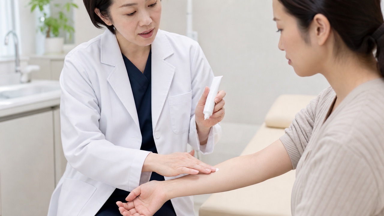 皮膚科医が患者へ外用薬の塗り方を説明するイメージ
