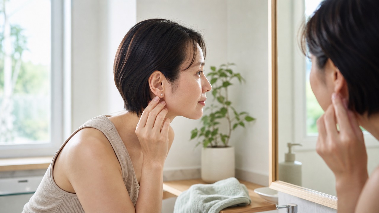 洗髪後にファーストピアス周囲の状態を鏡で確認するイメージ