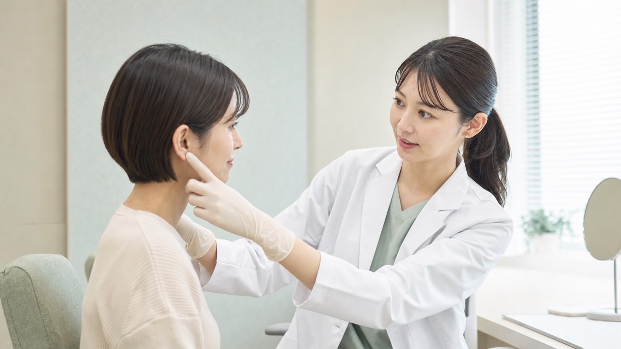 医療ピアッシングの位置と注意点を皮膚科医へ相談する患者のイメージ