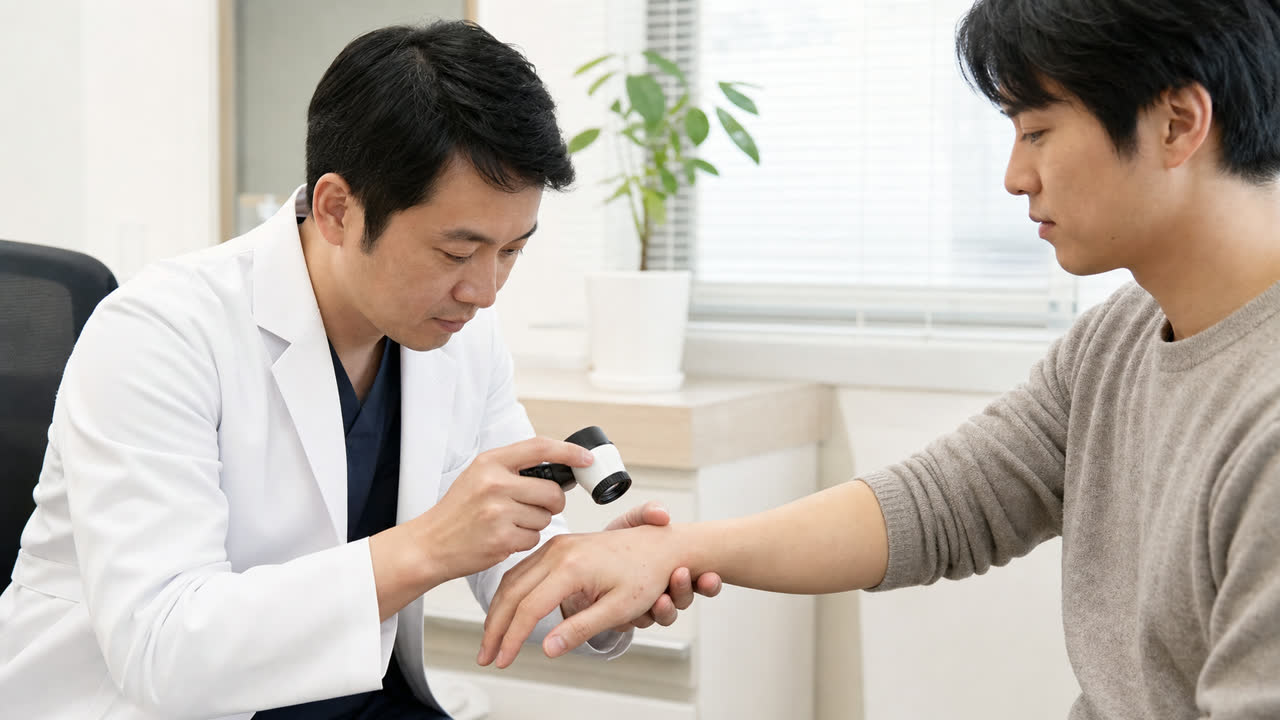 手首と指の間の疥癬症状を皮膚科医が診察する様子