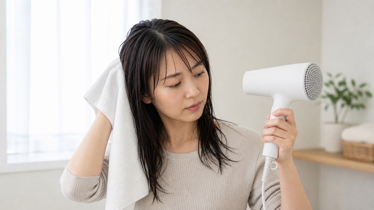 洗髪後に清潔なタオルとドライヤーで髪と頭皮をやさしく乾かす女性
