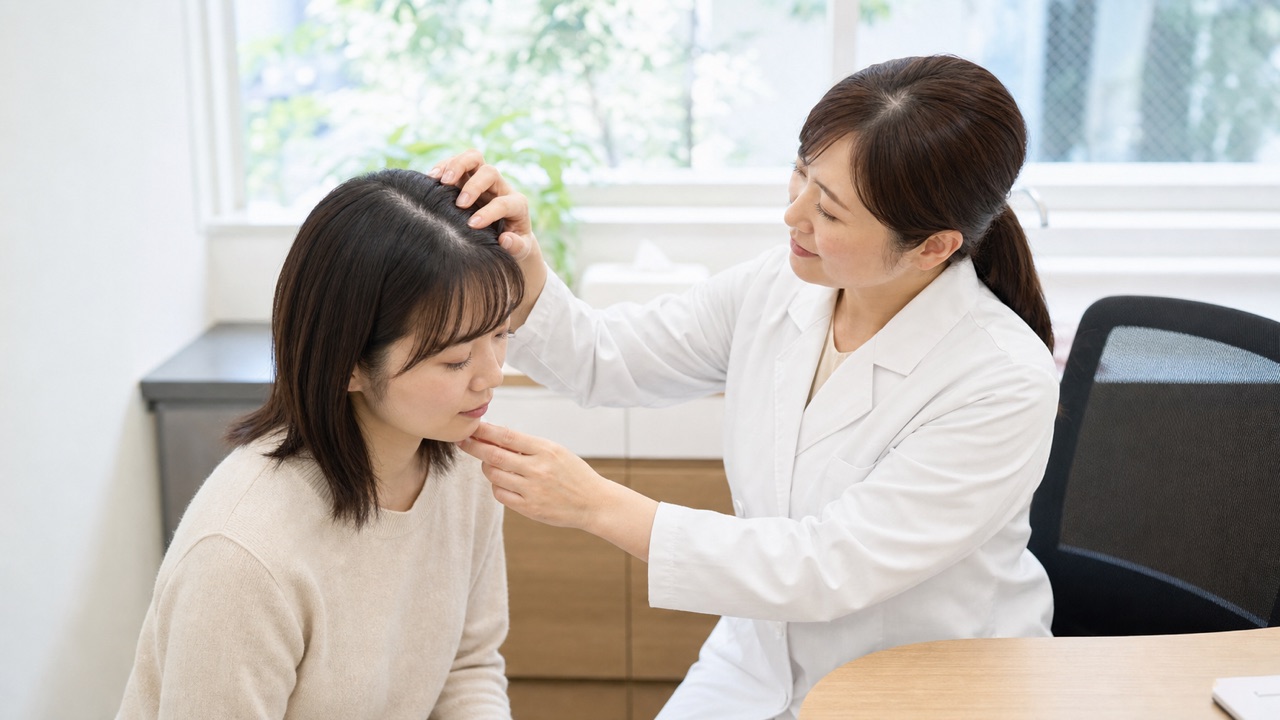 皮膚科医が髪を分けて頭皮の状態を確認する診察の様子