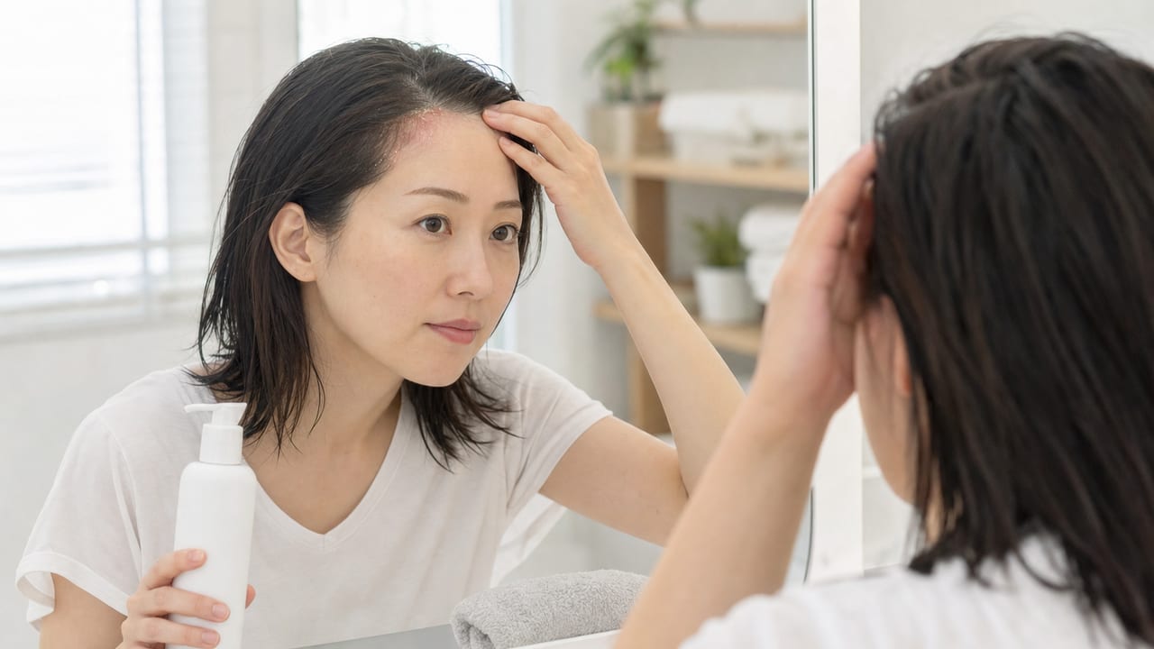 鏡で髪の生え際を確認しながらシャンプーとスキンケアを見直す成人女性
