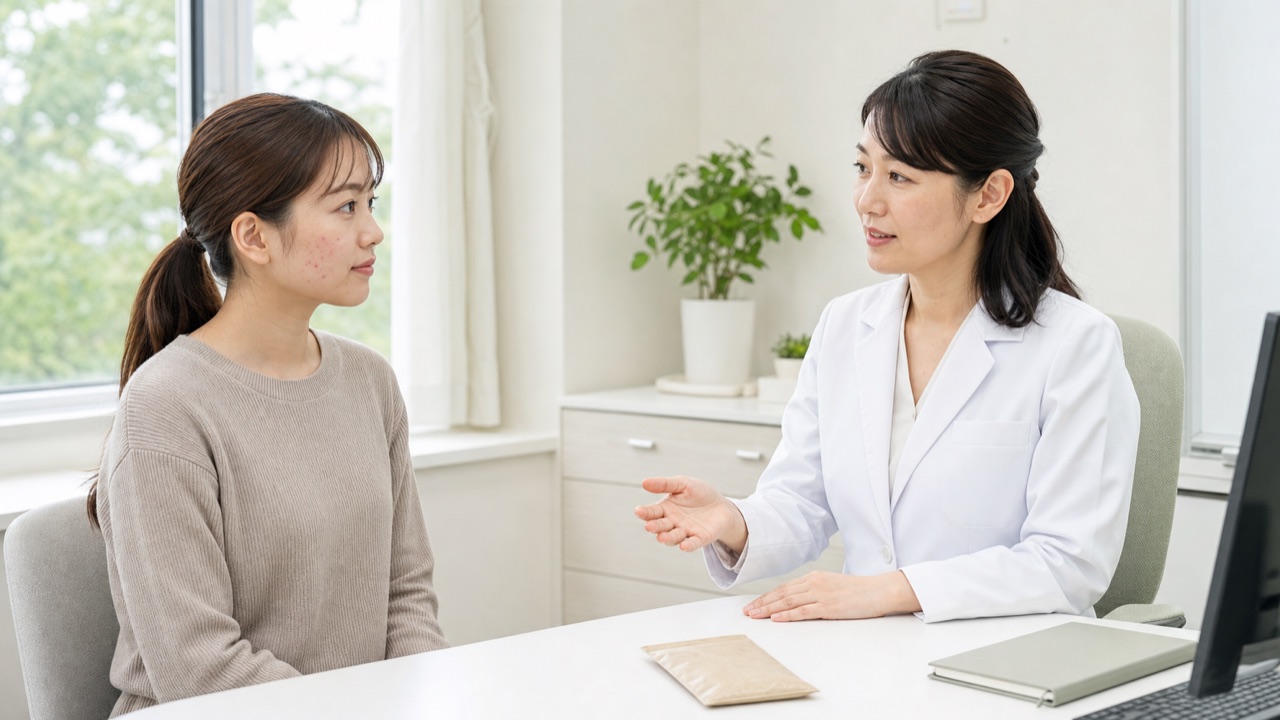 清上防風湯を含むニキビ治療について皮膚科医へ相談する場面 成人女性が皮膚科医とニキビ治療や漢方薬の服用について相談する場面