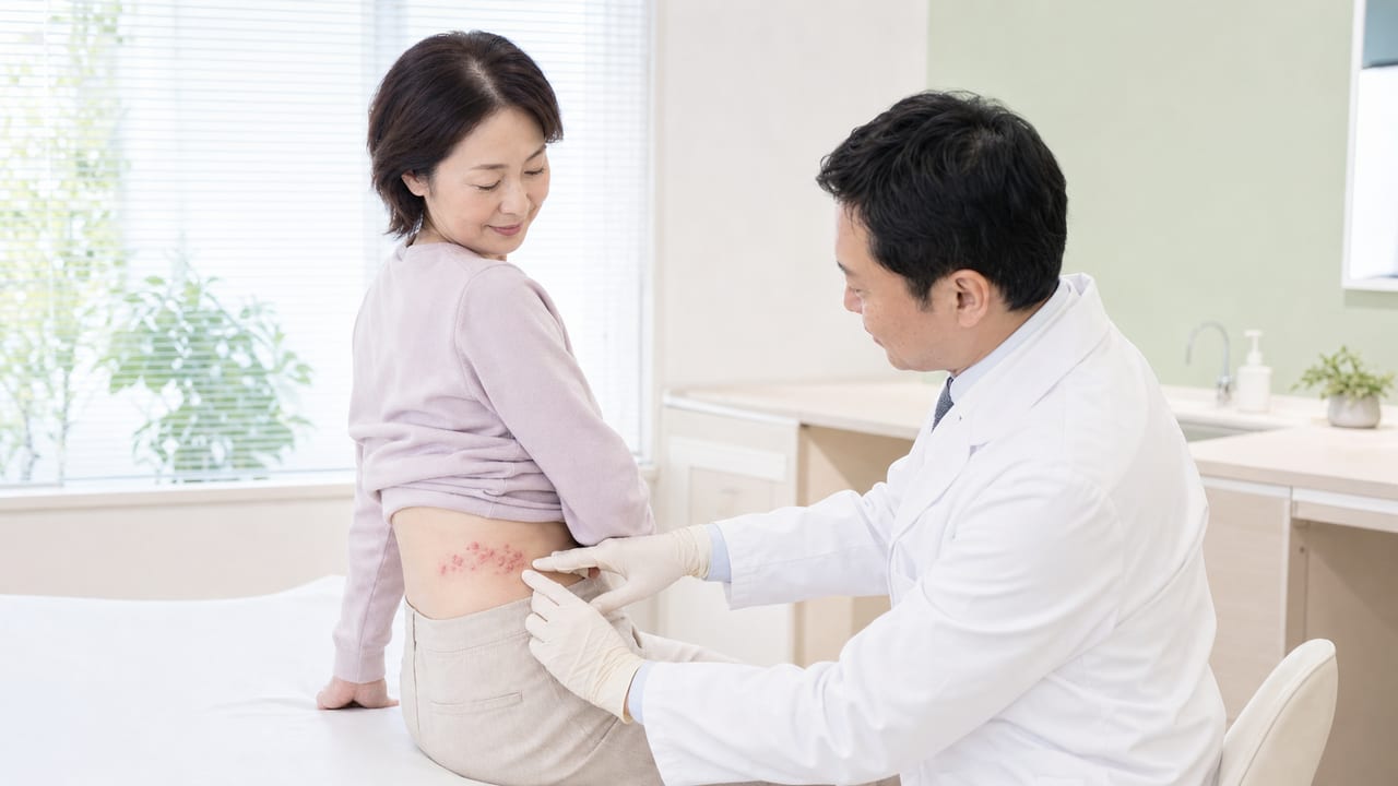 皮膚科医が成人女性の体側にみられる帯状疱疹を診察する様子