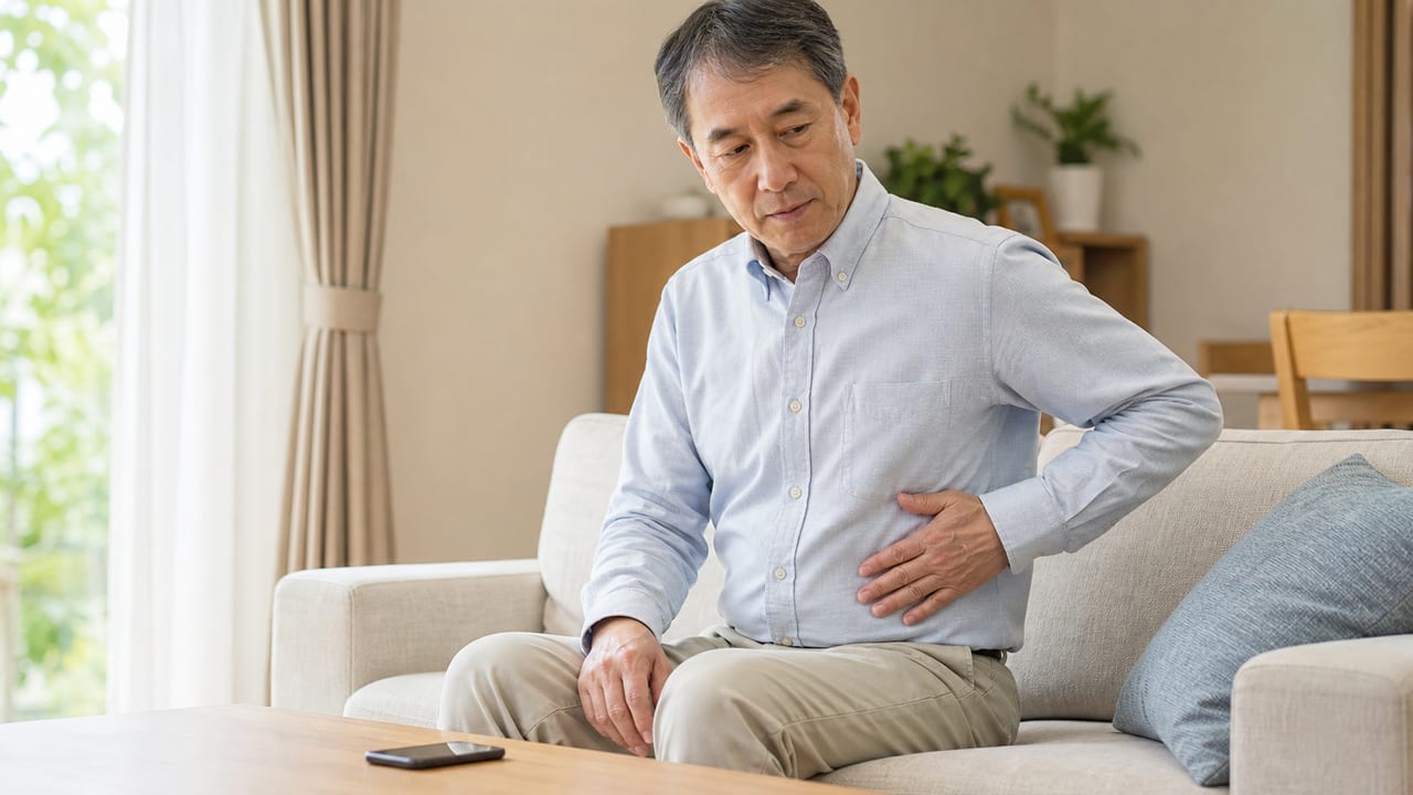 自宅で片側の体側痛に気づき皮膚症状を確認する成人男性
