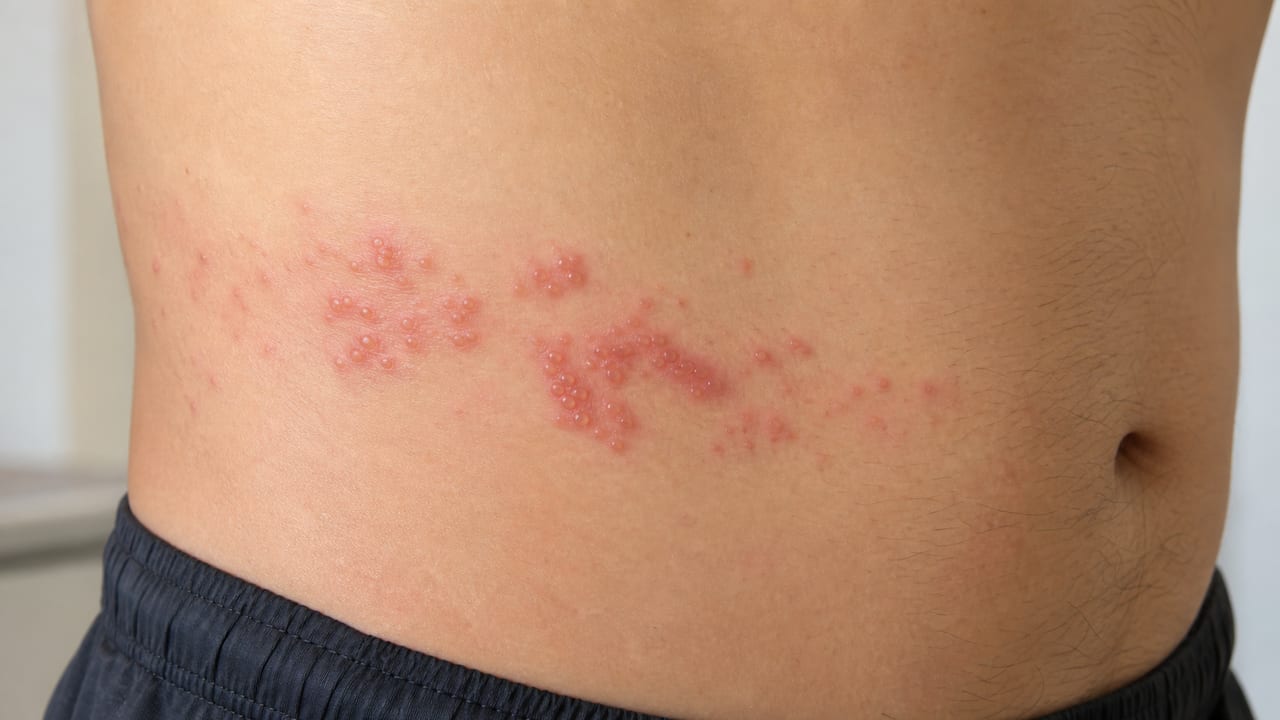 成人の体側に片側性の赤い発疹と小水疱が帯状に並ぶ帯状疱疹の症状例