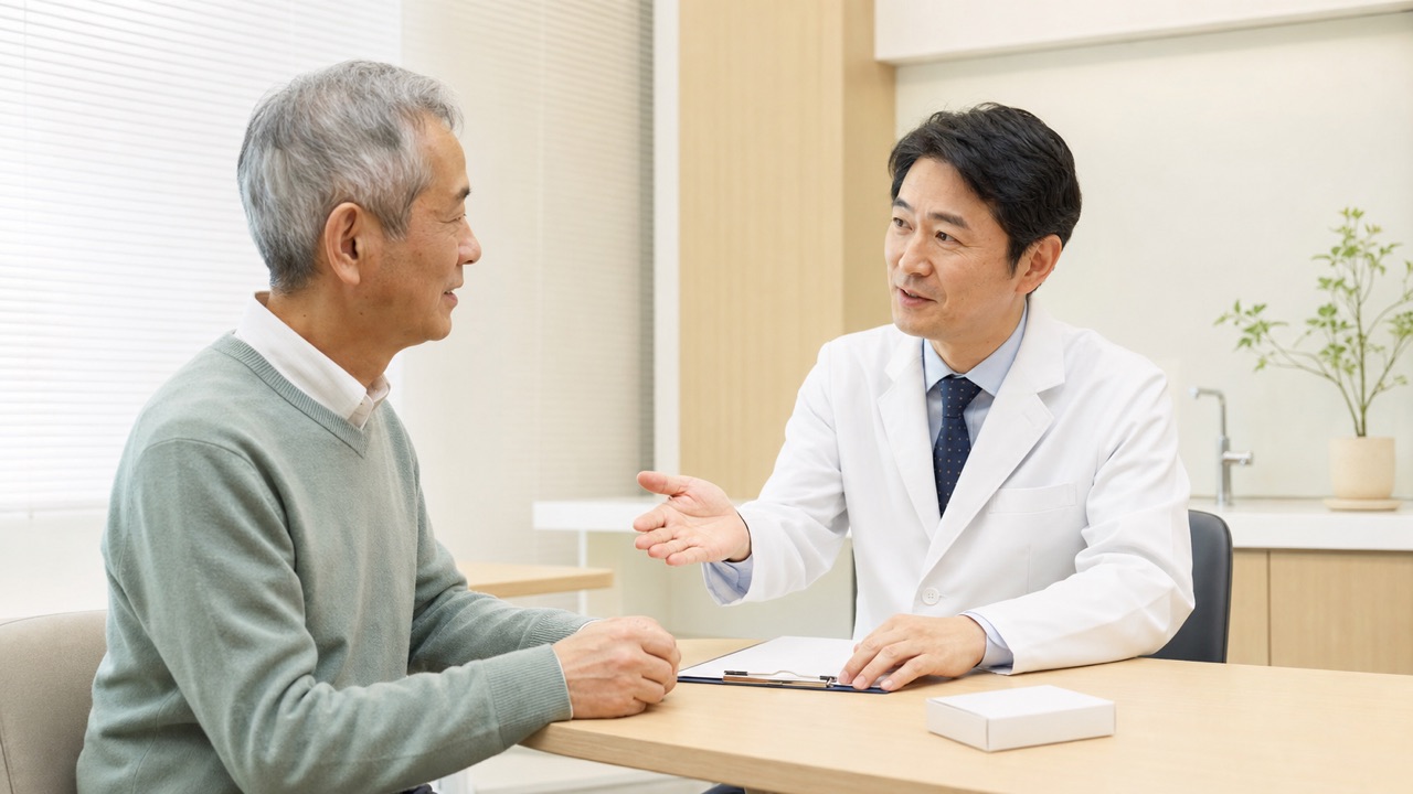 帯状疱疹ワクチンについて医師から説明を受ける高齢者