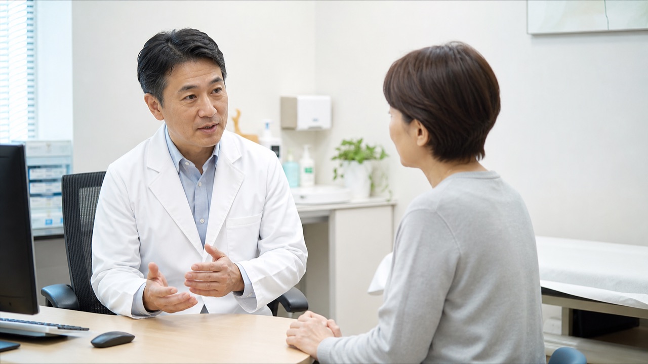 皮膚科医に帯状疱疹ワクチンの接種時期を相談するイメージ