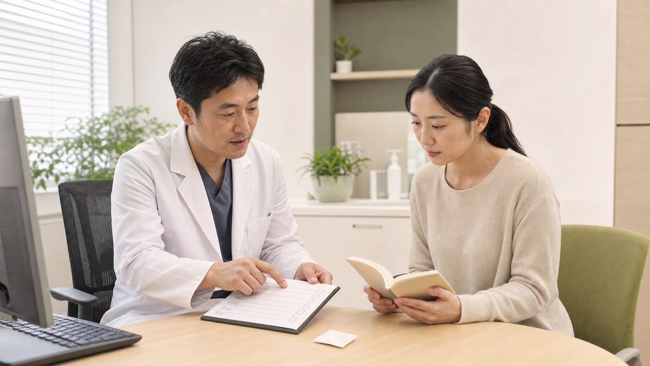 小柴胡湯の適否と飲み合わせを医師へ相談する場面 成人患者が医師と小柴胡湯の対象症状や併用薬について確認する場面