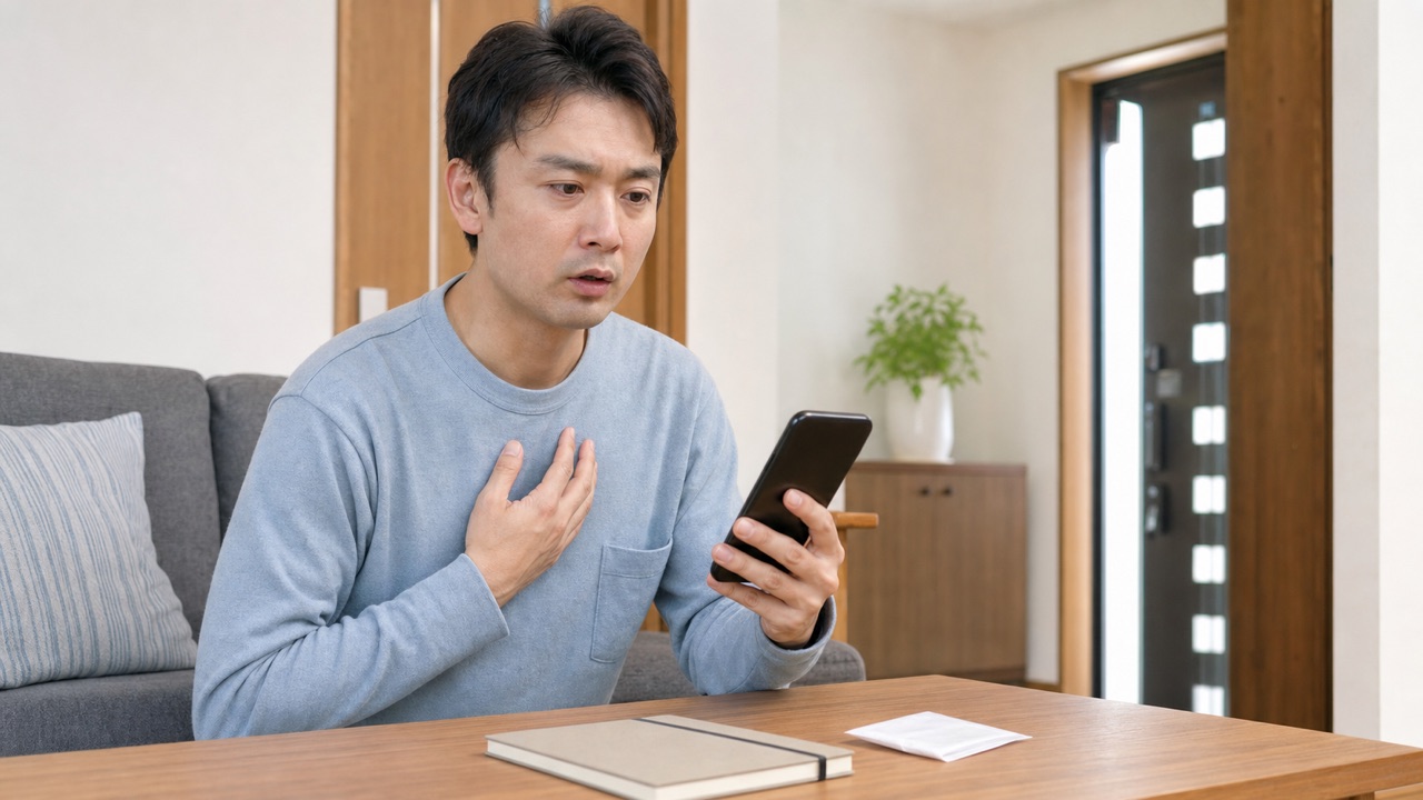 発熱・咳・息苦しさが出たとき早期に連絡する場面 服用後の咳や息苦しさに気づきスマートフォンで医療機関へ連絡する成人男性