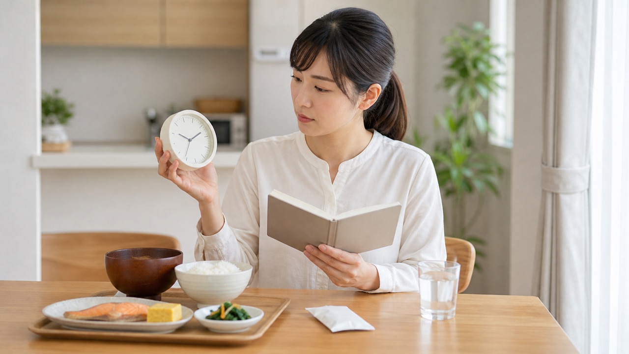 小柴胡湯の食前・食間の服用時期を確認する生活場面 食事前に時計と服薬記録を確認して小柴胡湯の服用時期を確かめる成人女性