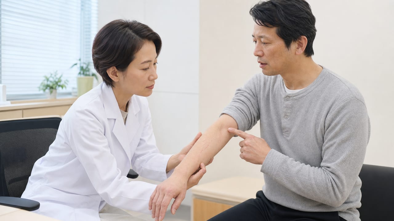 皮膚そう痒症の診察と症状確認 皮膚科医が成人患者の前腕の乾燥とかゆみの経過を確認する診察