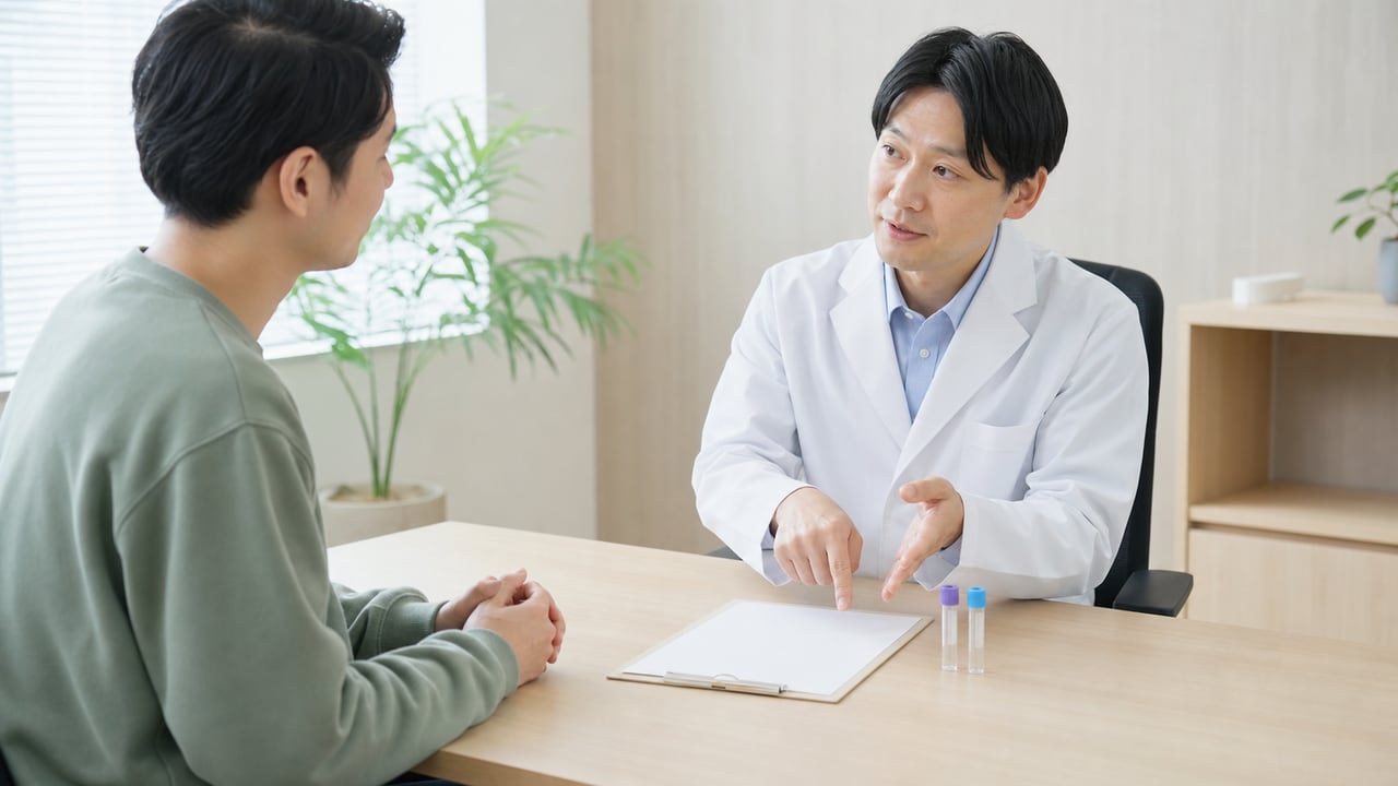 血液検査と接触部位に応じた性感染症検査について皮膚科医が説明する場面