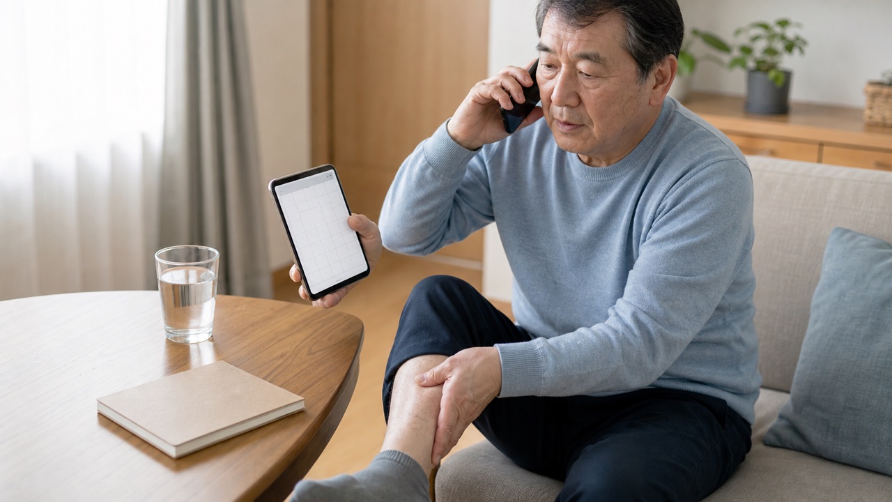 高齢の患者が服用記録を見ながら脚の違和感を医療機関へ電話相談する場面