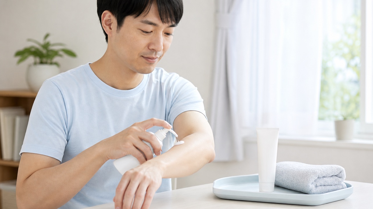 成人が乾燥肌の標準ケアとして保湿剤を腕に塗る生活場面