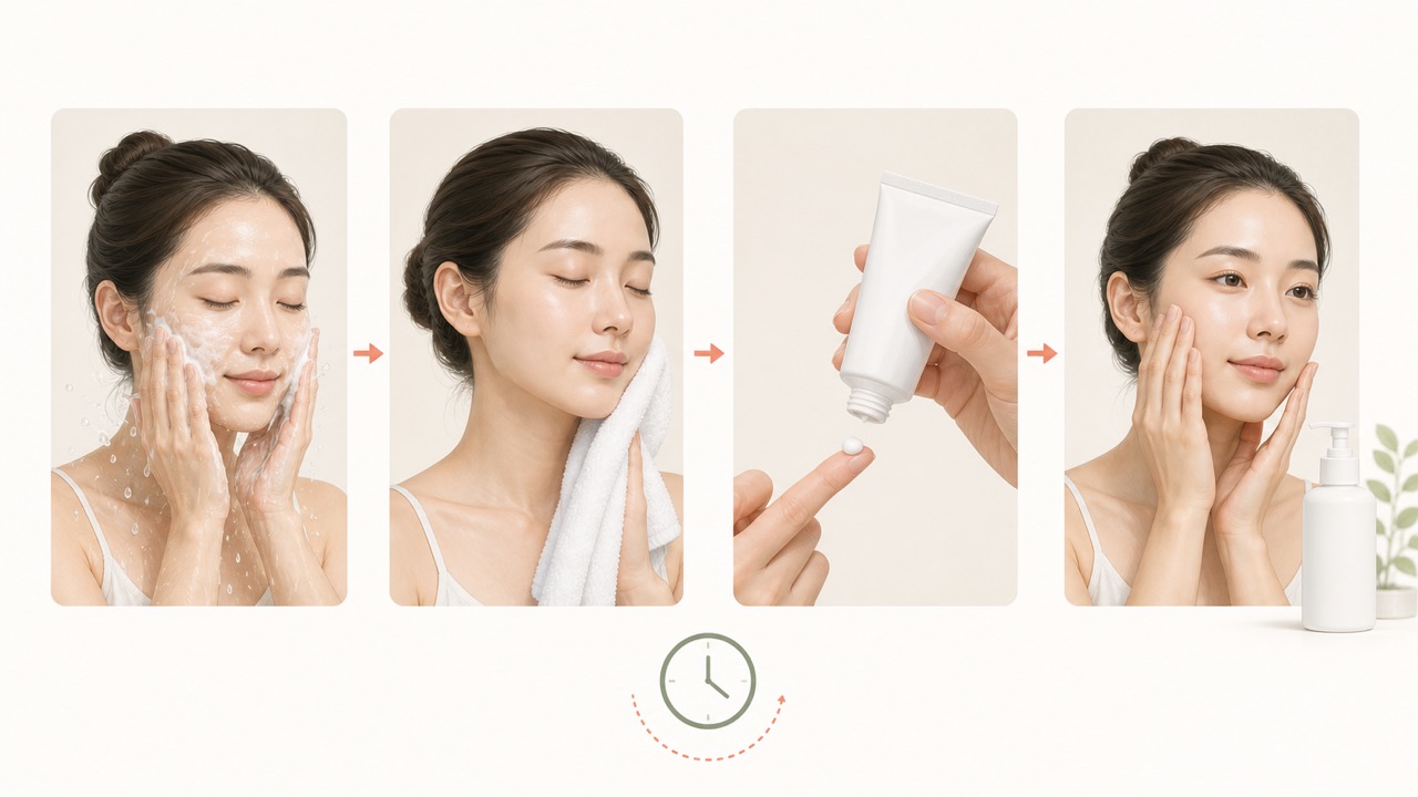 やさしく洗う、乾かす、外用薬を薄く塗る、保湿する流れを示す生活場面
