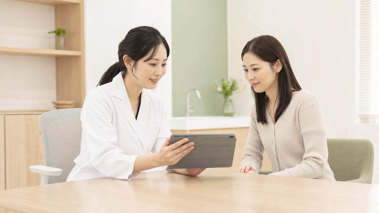 成人患者が皮膚科医と色むらや自費外用薬の使い方について相談する場面