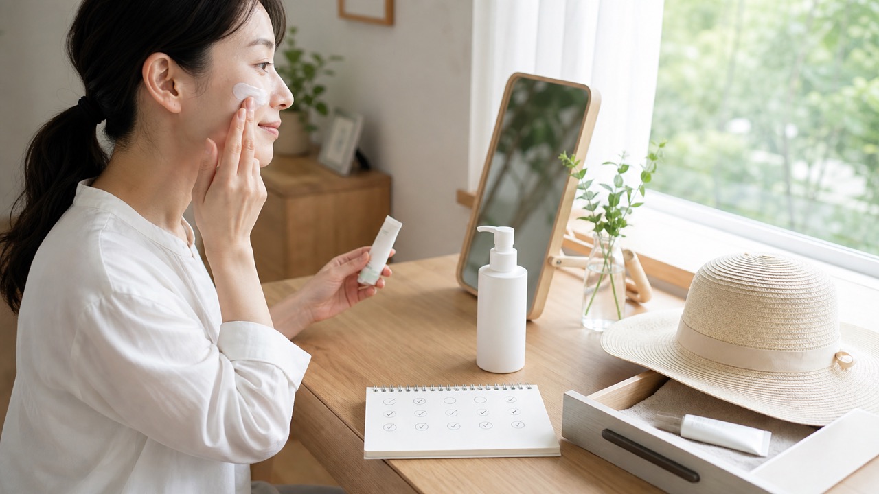 帽子と日焼け止め、外用剤の保管、皮膚科での経過確認を示す場面