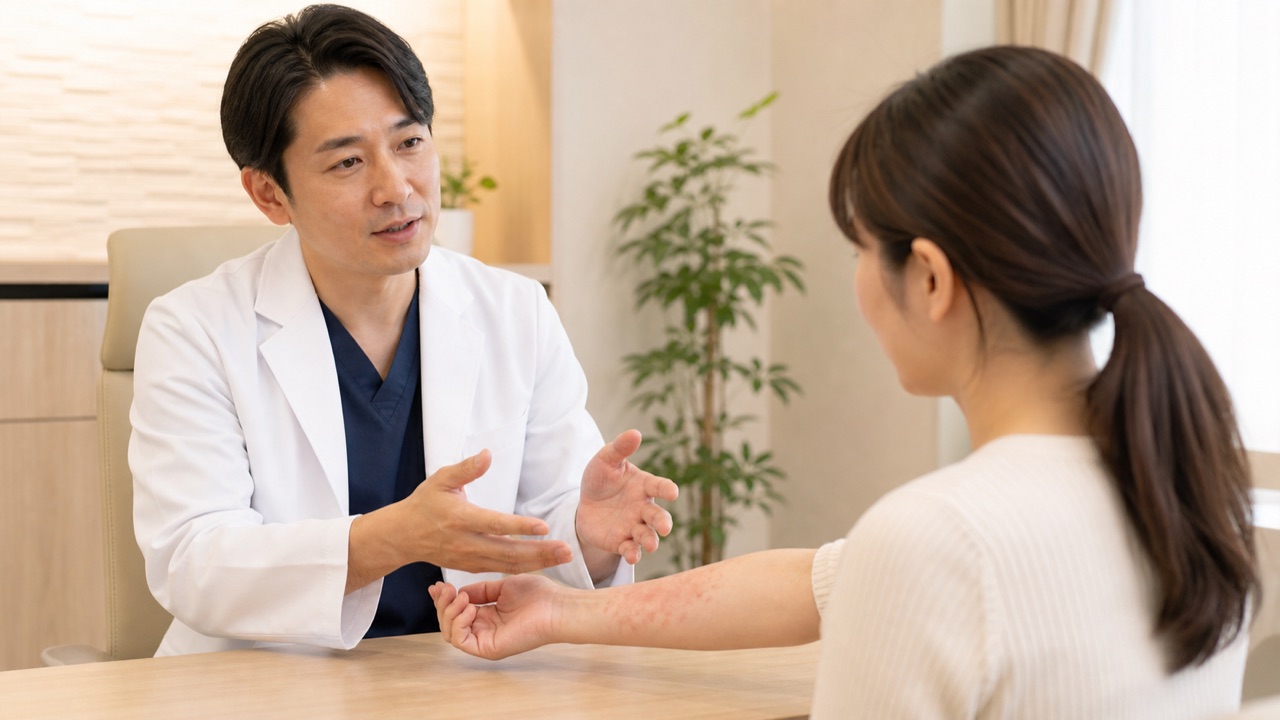 皮膚科医が蕁麻疹の治療と内服薬について説明する診察イメージ